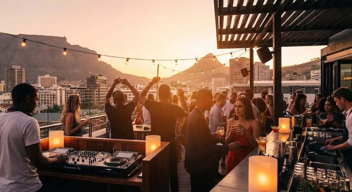 People practicing yoga on the beach at sunset in Cape Town